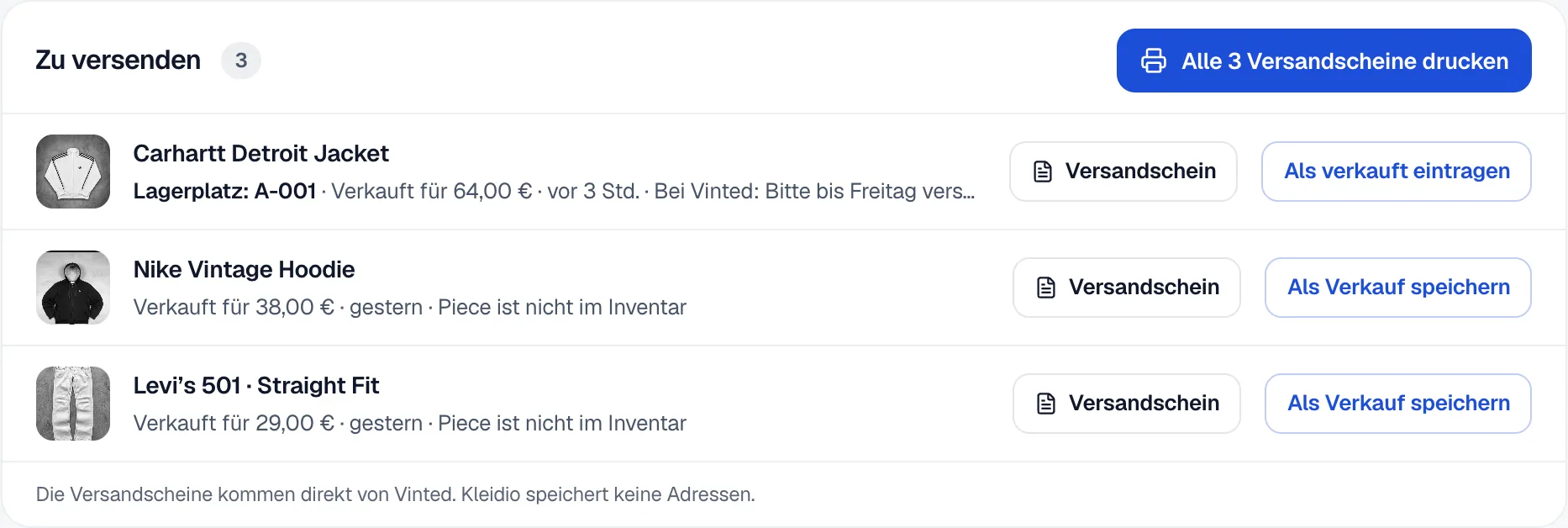 Der Reiter Zu versenden mit drei offenen Vinted-Verkäufen, dem Knopf zum Drucken aller Versandscheine und je Piece Versandschein und Als verkauft eintragen.