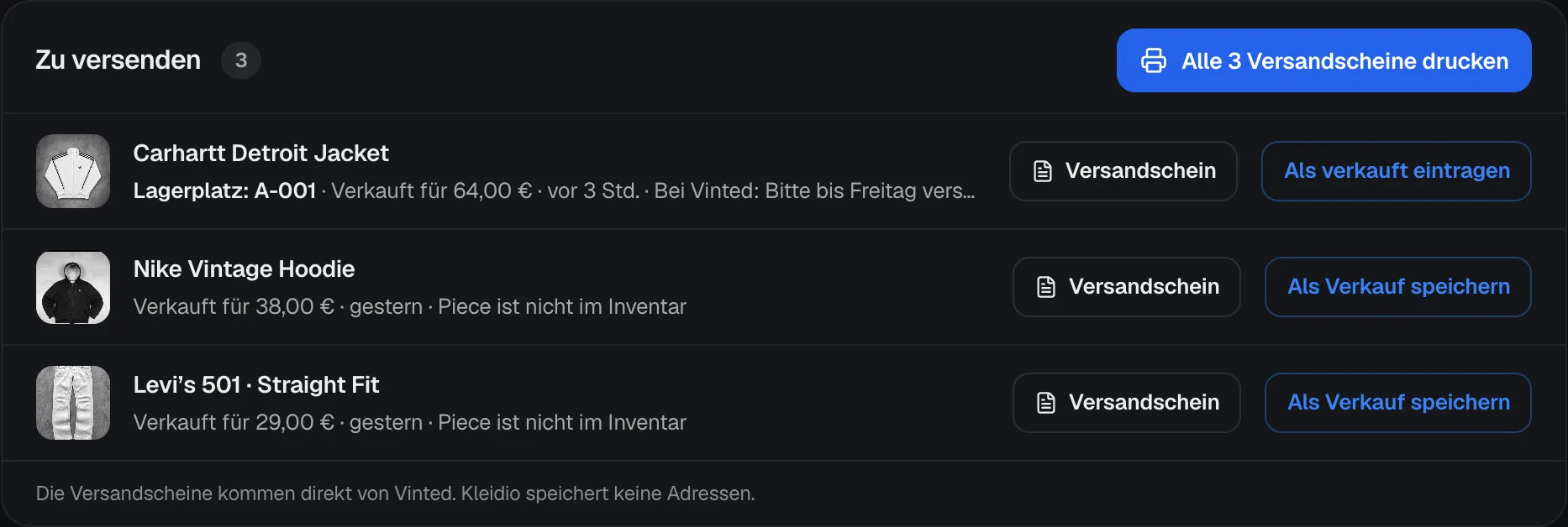 Der Reiter Zu versenden mit drei offenen Vinted-Verkäufen, dem Knopf zum Drucken aller Versandscheine und je Piece Versandschein und Als verkauft eintragen.